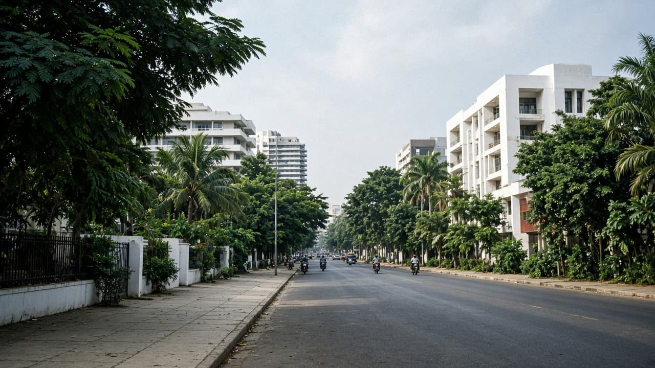 A broad tree-lined Central African city avenue with contemporary buildings and light traffic