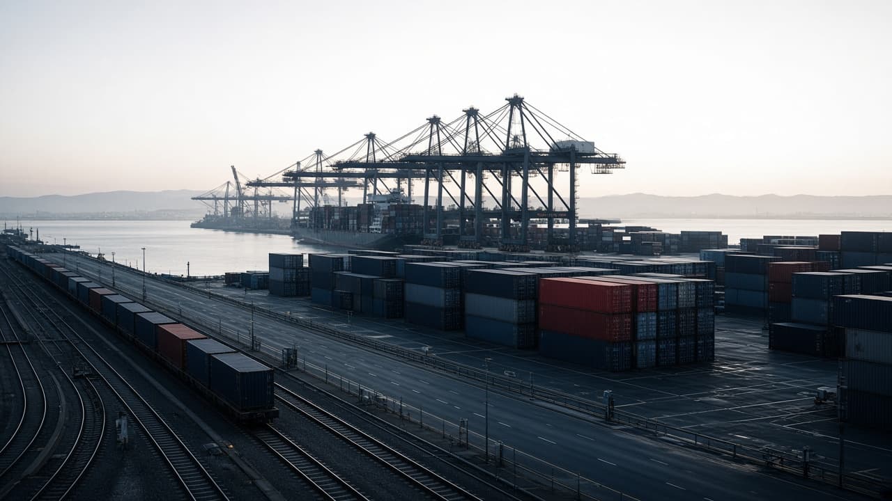 An intermodal port where rail lines, container yards, cranes, road, and water meet