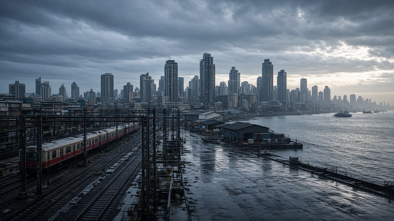 Mumbai rail infrastructure and a waterfront business district beneath monsoon clouds