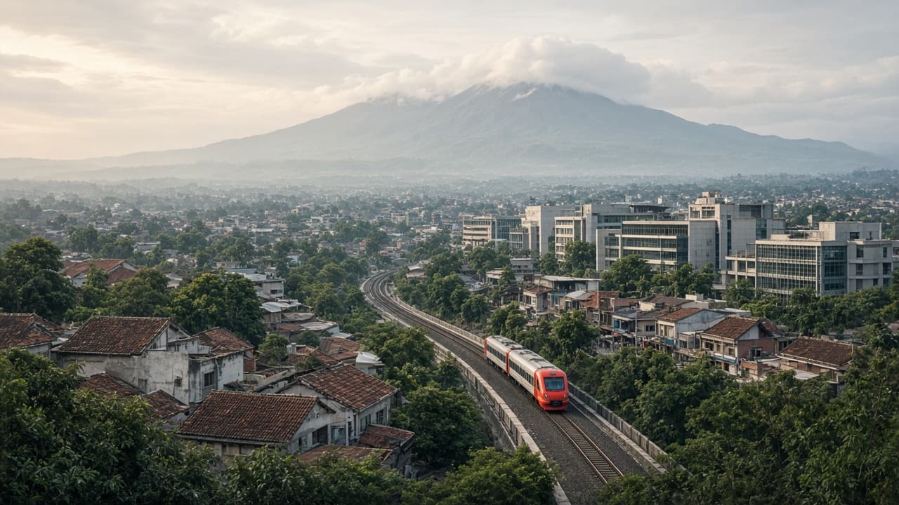 A passenger train passing through Bandung with a volcanic mountain behind the city