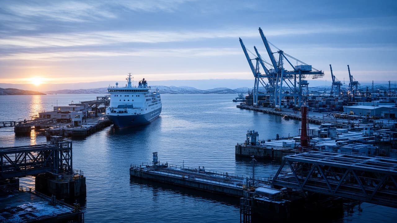 A ferry entering a working Nordic harbor surrounded by cranes and snow-covered infrastructure