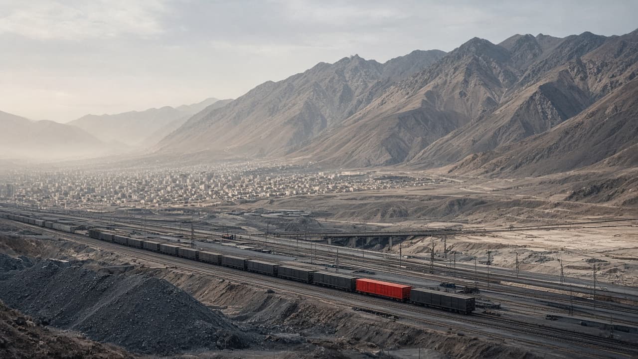 Freight rail infrastructure crossing a high-altitude South American industrial landscape